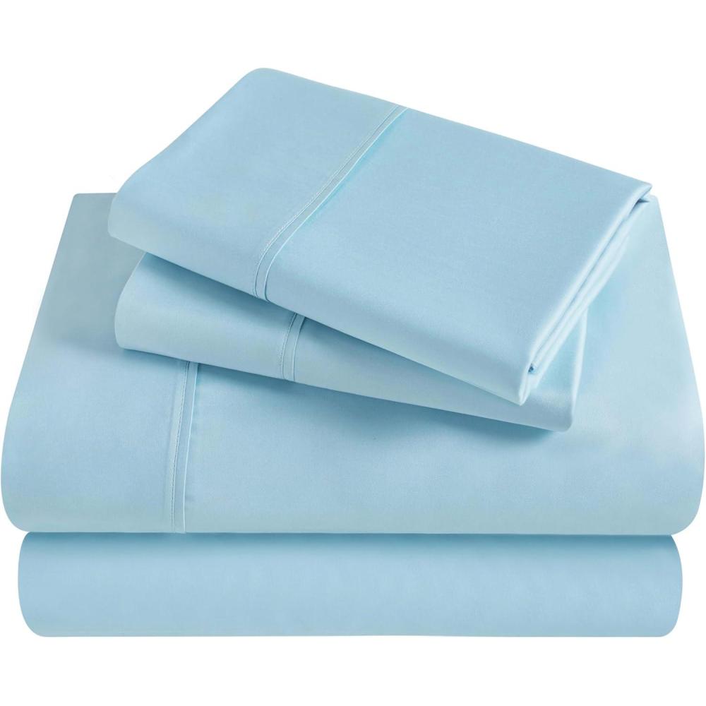 imageSuperior Premium 300Thread Count Egyptian Cotton Solid Sheet Set Soft Breathable Bedding Luxurious High Thread Count Sheets Sets 18 Deep Pocket Flat Fitted Pillow Cases Queen BlackLight Blue