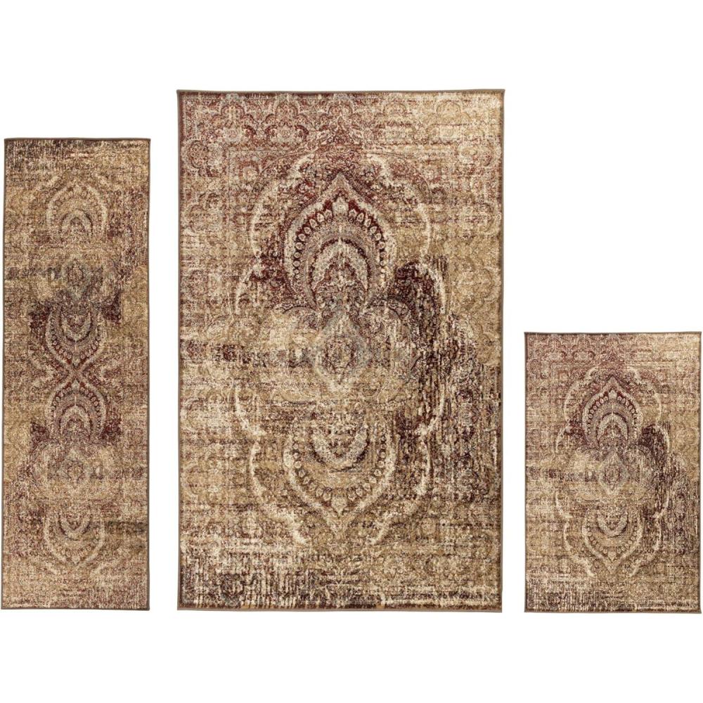imageSuperior Salford 3 Piece Indoor Area Rug Set Jute Backing Abstract Medallion Decor Hallway Office Kitchen Bedroom Living Room Floors Plush Rugs 2 7quot x 8 4 x 6 8 x 10 BlueBeigeMaroon