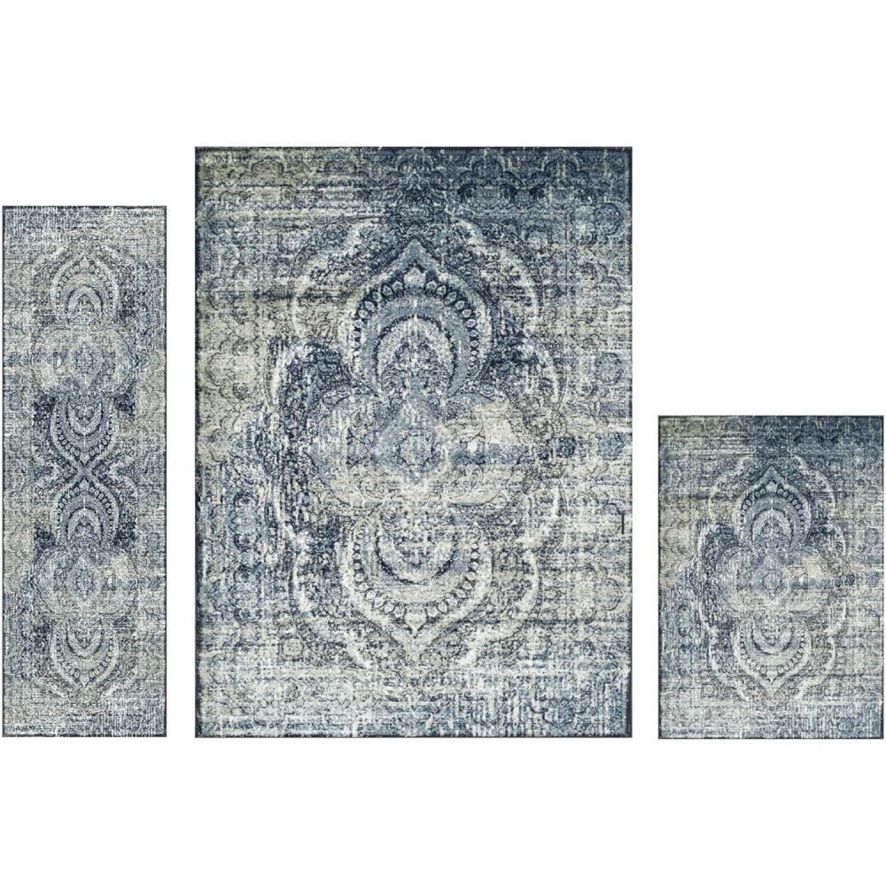 imageSuperior Salford 3 Piece Indoor Area Rug Set Jute Backing Abstract Medallion Decor Hallway Office Kitchen Bedroom Living Room Floors Plush Rugs 2 7quot x 8 4 x 6 8 x 10 BlueBeigeBluebeige