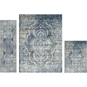 Superior Salford 3 Piece Indoor Area Rug Set, Jute Backing, Abstract Medallion Decor, Hallway, Office, Kitchen, Bedroom, Living Room Floors, Plush Rugs, 2′ 7″ x 8′, 4′ x 6′, 8′ x 10′, Blue/Beige(Blue-beige)