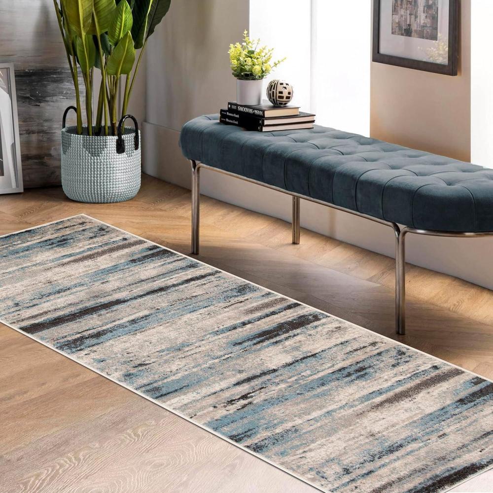imageSUPERIOR Indoor Large Area Rug Modern Striped Floor Throw Decor for Bedroom Kitchen Office DiningLiving Room Dorm Entryway Jute Backed Radko Collection 8 x 10 RustCreamBluecream