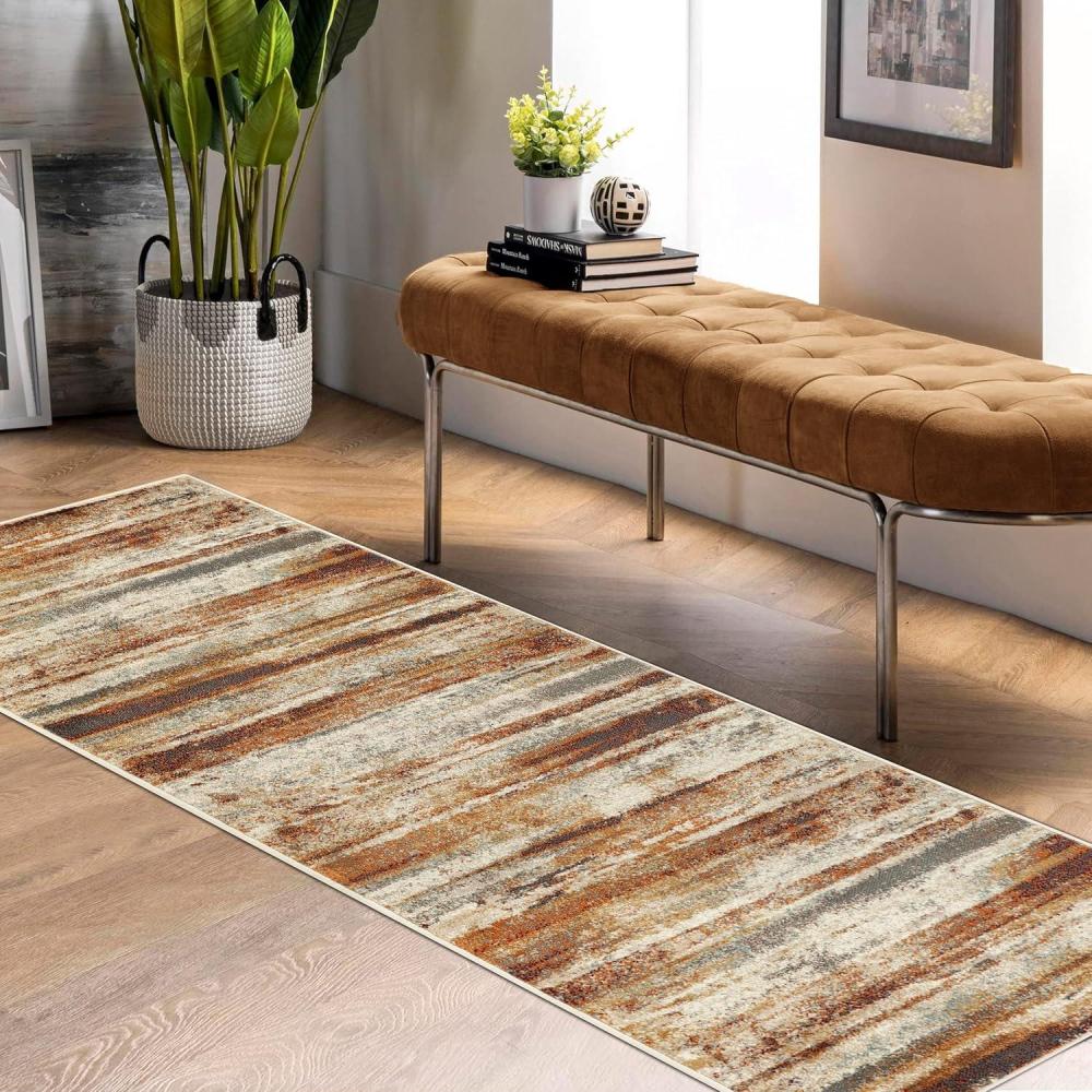 imageSUPERIOR Indoor Large Area Rug Modern Striped Floor Throw Decor for Bedroom Kitchen Office DiningLiving Room Dorm Entryway Jute Backed Radko Collection 8 x 10 RustCreamRustcream