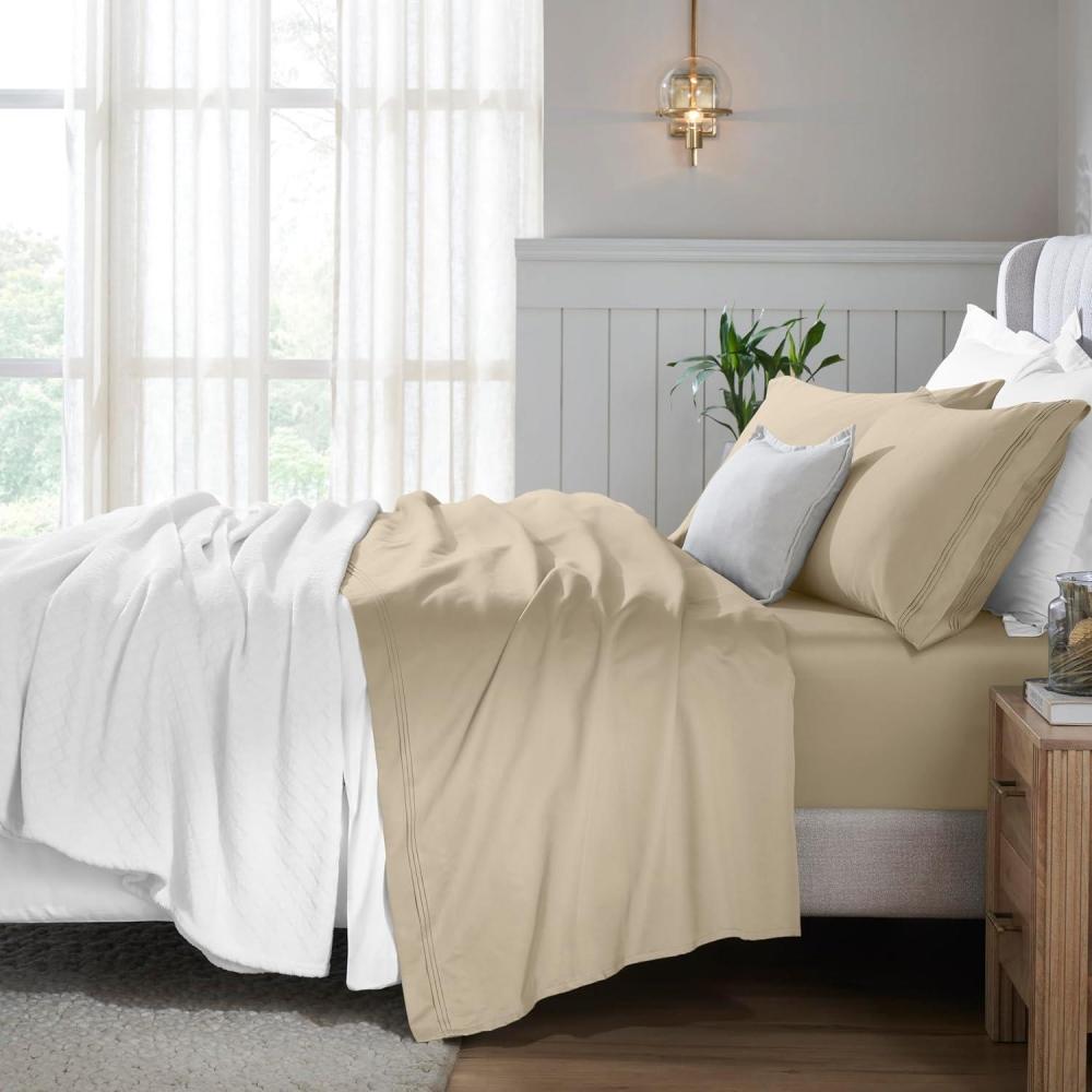 imageSuperior Egyptian Cotton 5 Piece Sheet Set 650 Thread Count Modern Design Sustainable Sheets UltraSoft Basics Solid Deep Pocket Fitted Sheets Flat Sheet Pillowcases Split King WhiteLinen