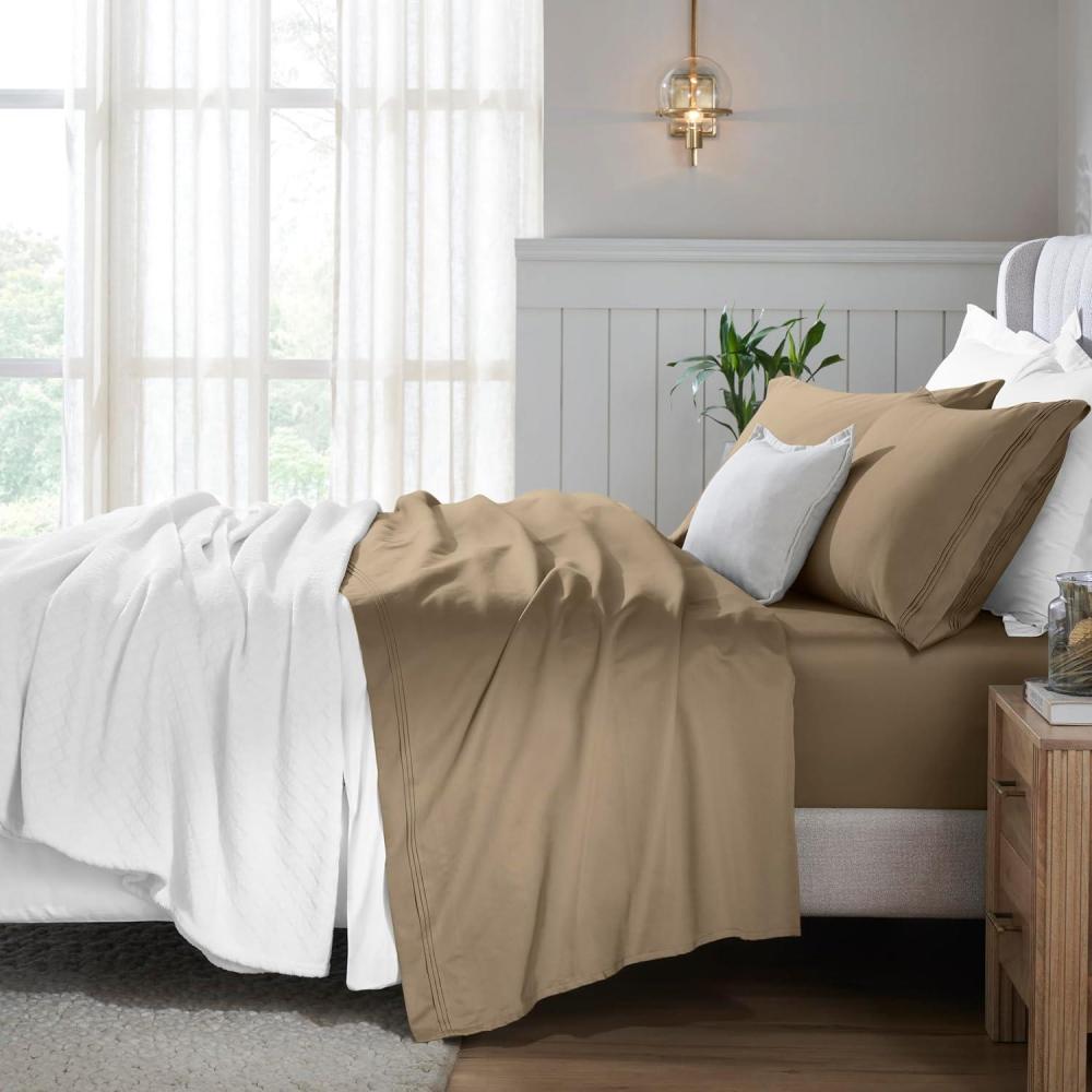imageSuperior Egyptian Cotton 5 Piece Sheet Set 650 Thread Count Modern Design Sustainable Sheets UltraSoft Basics Solid Deep Pocket Fitted Sheets Flat Sheet Pillowcases Split King WhiteTaupe