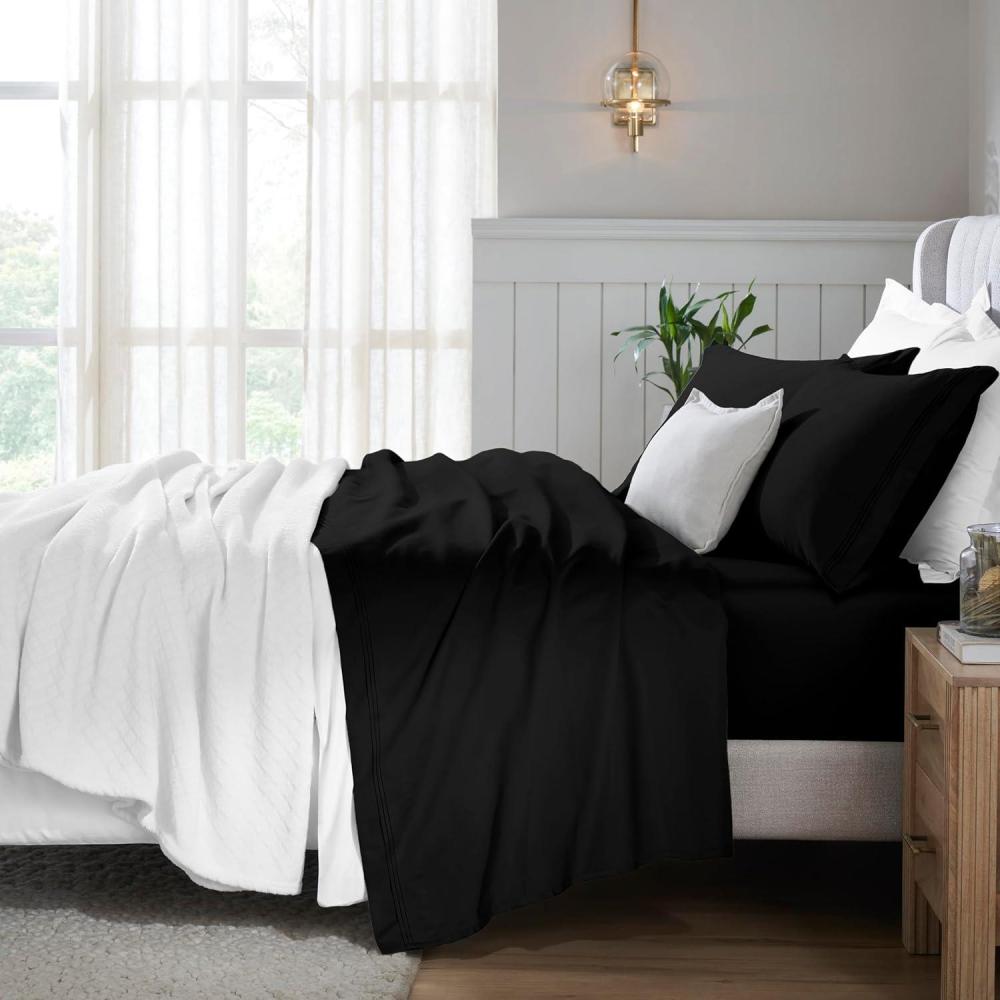 imageSuperior Egyptian Cotton 5 Piece Sheet Set 650 Thread Count Modern Design Sustainable Sheets UltraSoft Basics Solid Deep Pocket Fitted Sheets Flat Sheet Pillowcases Split King WhiteBlack