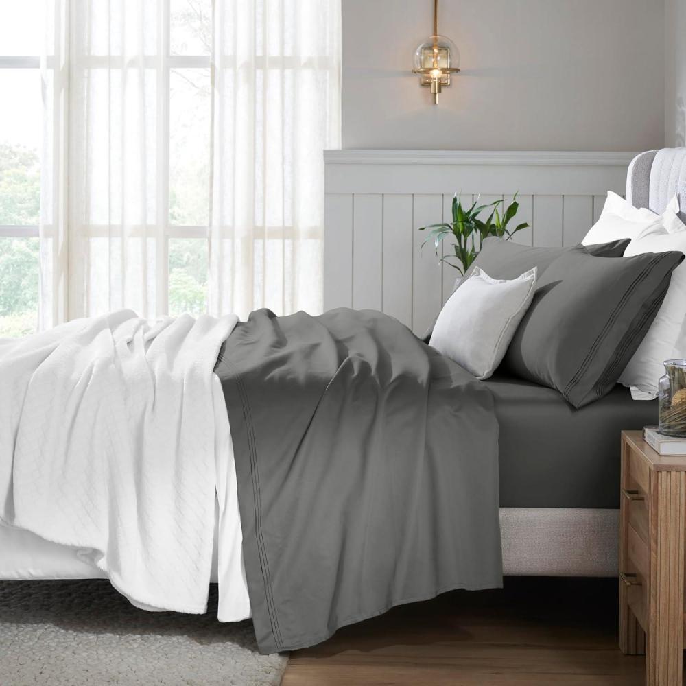 imageSuperior Egyptian Cotton 5 Piece Sheet Set 650 Thread Count Modern Design Sustainable Sheets UltraSoft Basics Solid Deep Pocket Fitted Sheets Flat Sheet Pillowcases Split King WhiteGrey