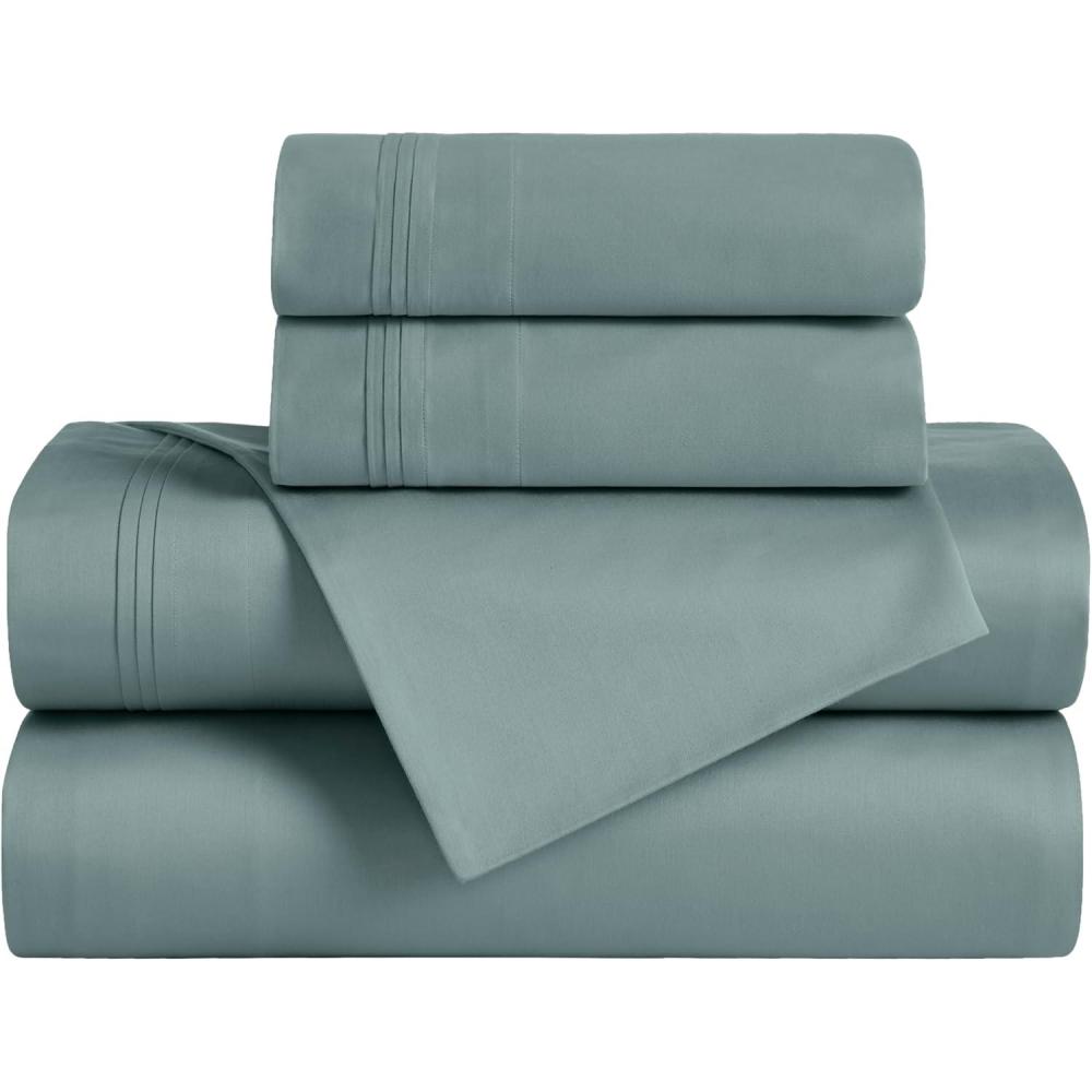 imageSuperior Egyptian Cotton 5 Piece Sheet Set 650 Thread Count Modern Design Sustainable Sheets UltraSoft Basics Solid Deep Pocket Fitted Sheets Flat Sheet Pillowcases Split King WhiteTeal