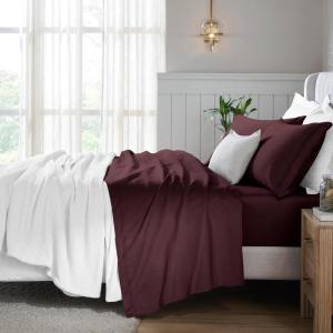 Superior Egyptian Cotton 5 Piece Sheet Set, 650 Thread Count, Modern Design, Sustainable Sheets, Ultra-Soft Basics, Solid, Deep Pocket Fitted Sheets, Flat Sheet, Pillowcases, Split King, White(Plum)