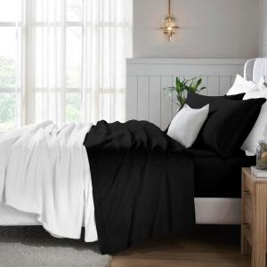 Superior Egyptian Cotton 5 Piece Sheet Set, 650 Thread Count, Modern Design, Sustainable Sheets, Ultra-Soft Basics, Solid, Deep Pocket Fitted Sheets, Flat Sheet, Pillowcases, Split King, White(Black)