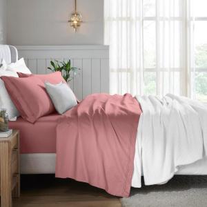 Superior Egyptian Cotton 5 Piece Sheet Set, 650 Thread Count, Modern Design, Sustainable Sheets, Ultra-Soft Basics, Solid, Deep Pocket Fitted Sheets, Flat Sheet, Pillowcases, Split King, White(Pink)