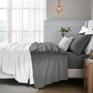 Superior Egyptian Cotton 5 Piece Sheet Set, 650 Thread Count, Modern Design, Sustainable Sheets, Ultra-Soft Basics, Solid, Deep Pocket Fitted Sheets, Flat Sheet, Pillowcases, Split King, White(Grey)