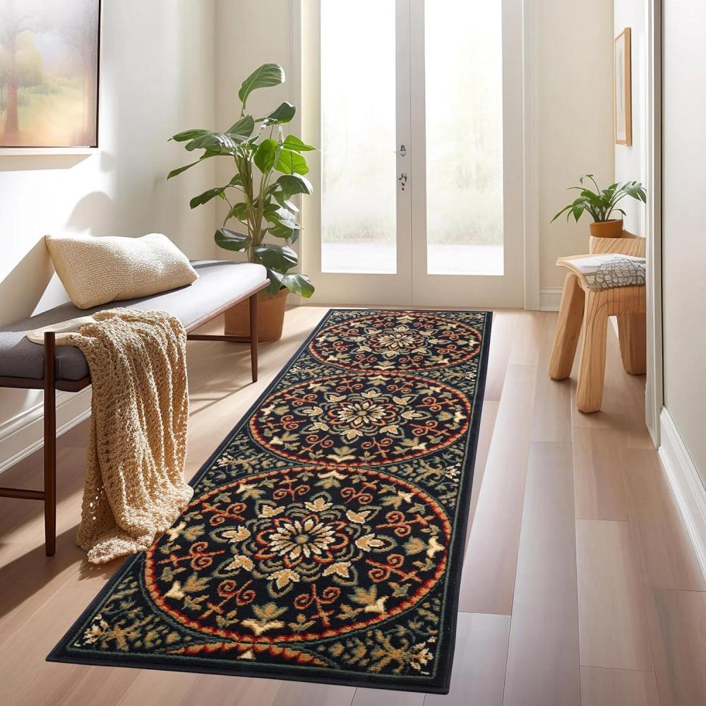 imageSuperior Indoor Area Rug Jute Backing Modern Medallion Rugs for Living Room Kitchen Floors Bedroom Office Floor Cover Floral Damask Rugs Fancy Medallion Collection 5 x 5 Midnight BlueMidnight Blue