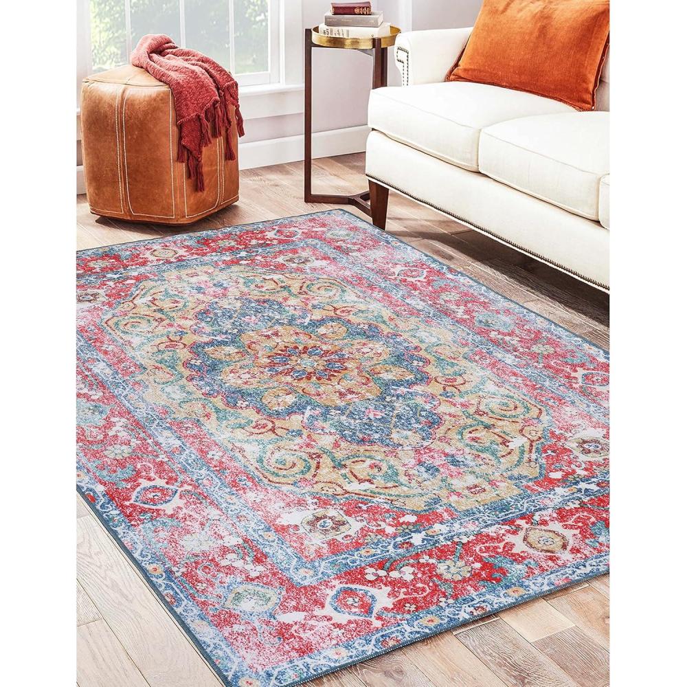 imageSuperior Medallion Washable Rug Cotton Backing Pet ampamp Kid Friendly Easy Care NonSlip Rugs for Entry Living Room Kitchen Bedroom Low Pile Area Rug Tanager Collection 6 x 9 Red