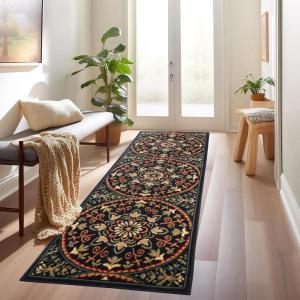 Superior Indoor Area Rug, Jute Backing, Modern Medallion Rugs for Living Room, Kitchen Floors, Bedroom, Office Floor Cover, Floral Damask Rugs, Fancy Medallion Collection, 5′ x 5′, Midnight Blue(Midnight Blue)