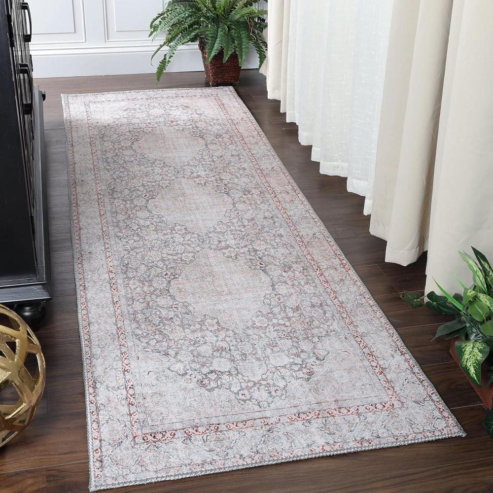 imageSuperior Large Indoor Area Rug Modern Floor Decor LivingDining Room Kitchen Entry Distressed Floral Geometric Medallion Cotton Backing Huda Collection 9 x 12 GreyAlm  Berry Red