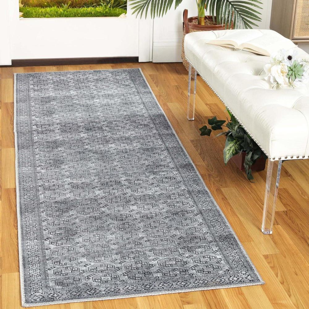 imageSuperior Large Indoor Area Rug Modern Floor Decor LivingDining Room Kitchen Entry Distressed Floral Geometric Medallion Cotton Backing Huda Collection 9 x 12 GreyGrey