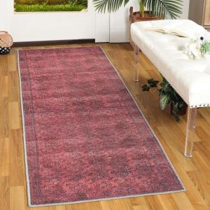 Superior Large Indoor Area Rug, Modern Floor Decor, Living/Dining Room, Kitchen, Entry, Distressed Floral, Geometric Medallion, Cotton Backing, Huda Collection, 9′ x 12′, Grey(Garnet Red)
