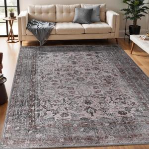 Superior Large Indoor Area Rug, Modern Floor Decor, Living/Dining Room, Kitchen, Entry, Distressed Floral, Geometric Medallion, Cotton Backing, Huda Collection, 9′ x 12′, Grey(Beige Brown)