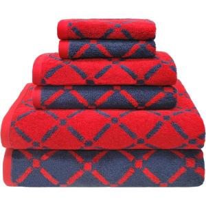 Superior Luxurious Diamonds Cotton Absorbent Oversized Bath Sheet Set of Two, Quick Dry, Perfect for Bathroom, Kitchen, or Beach, Attached Loop for Hook Hanging, Diamond and Solid, Red/Navy Blue(Red/Navy Blue)