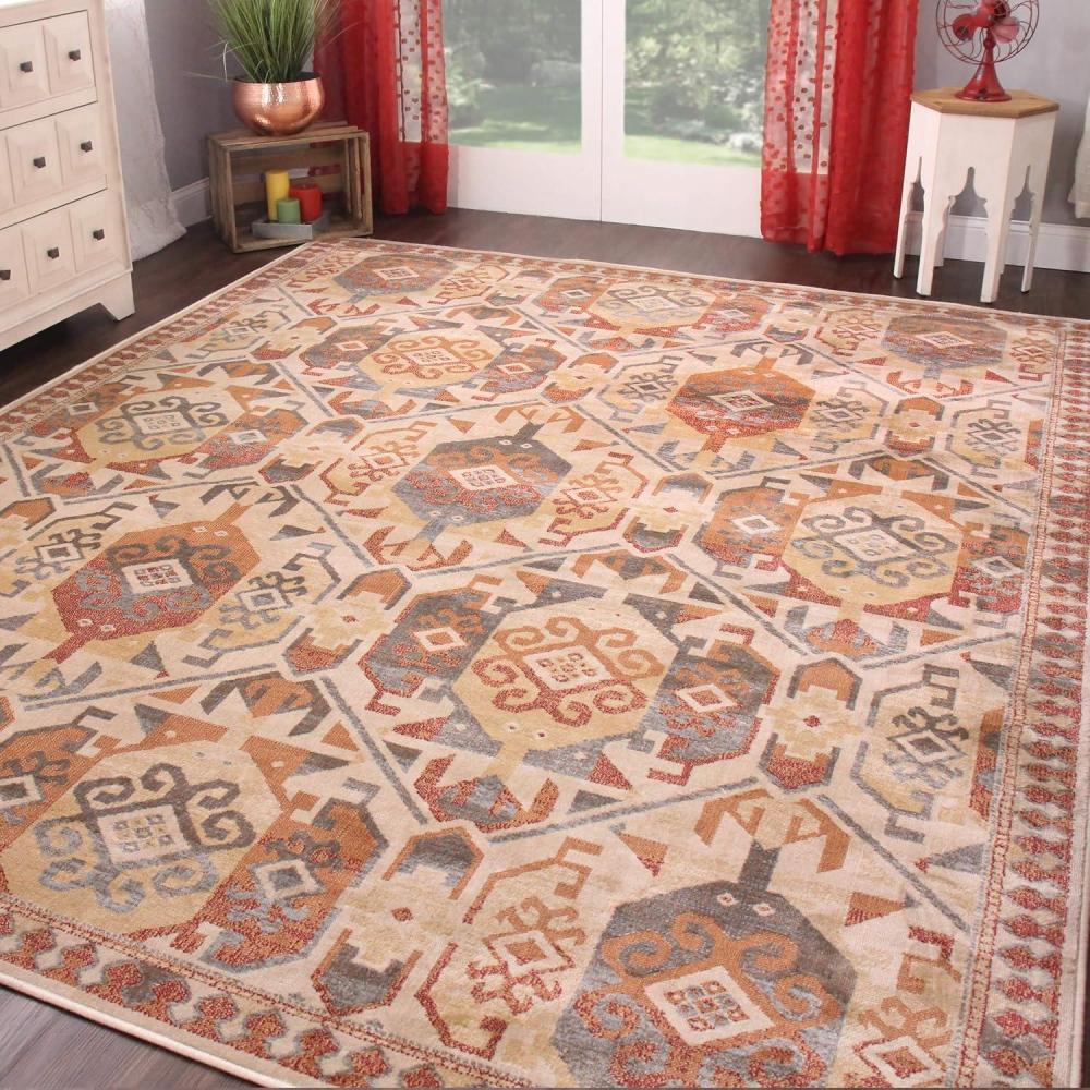 imageSUPERIOR Indoor Area Rug or Runner Patchwork Rustic Leaves Floor Decor Soft Plush Rugs for Living Room Office Kitchen Dining Aesthetic Home Accessories Zelder Collection 5ft x 8ft  Rust