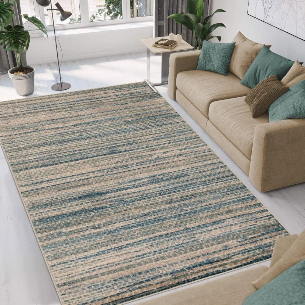 imageSuperior Montauk Collection Indoor Large Area Rug Neutral Striped Design Decor for Bedroom Living Room Kitchen Entryway Office Dining Laundry Dorm Floor Throw Jute Backing 5 x 8 GoldBlue Brown