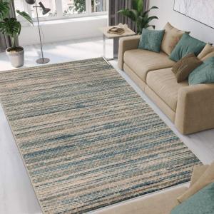 Superior Montauk Collection Indoor Large Area Rug, Neutral Striped Design, Decor for Bedroom, Living Room, Kitchen, Entryway, Office, Dining, Laundry, Dorm, Floor Throw, Jute Backing, 5′ x 8′, Gold(Blue Brown)
