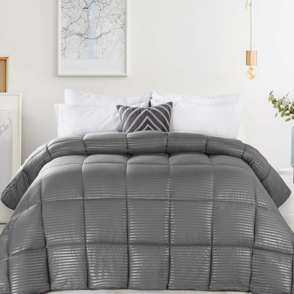 imageSuperior Brushed Microfiber 1 cm Striped Comforter Down Alternative Bedding Reversible Medium Weight Fluffy Decorative Duvet Insert Oversized Blanket Box Quilt Design TwinTwin XL Silver