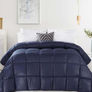 Superior Brushed Microfiber 1 cm Striped Comforter, Down Alternative Bedding, Reversible, Medium Weight, Fluffy, Decorative, Duvet Insert, Oversized Blanket, Box Quilt Design, Twin/Twin XL, Navy Blue
