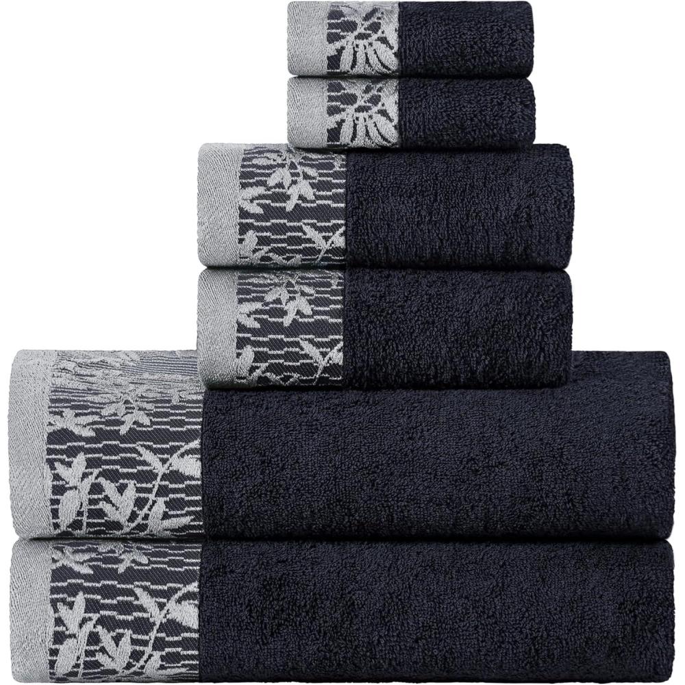 imageSuperior 6 Piece Cotton Towel Set Floral Jacquard Dobby Border Quick Dry Decorative Bathroom Shower Bath Includes 2 Body 2 Hand 2 Face TowelsWashcloths Wisteria Collection Garnet RedBlack