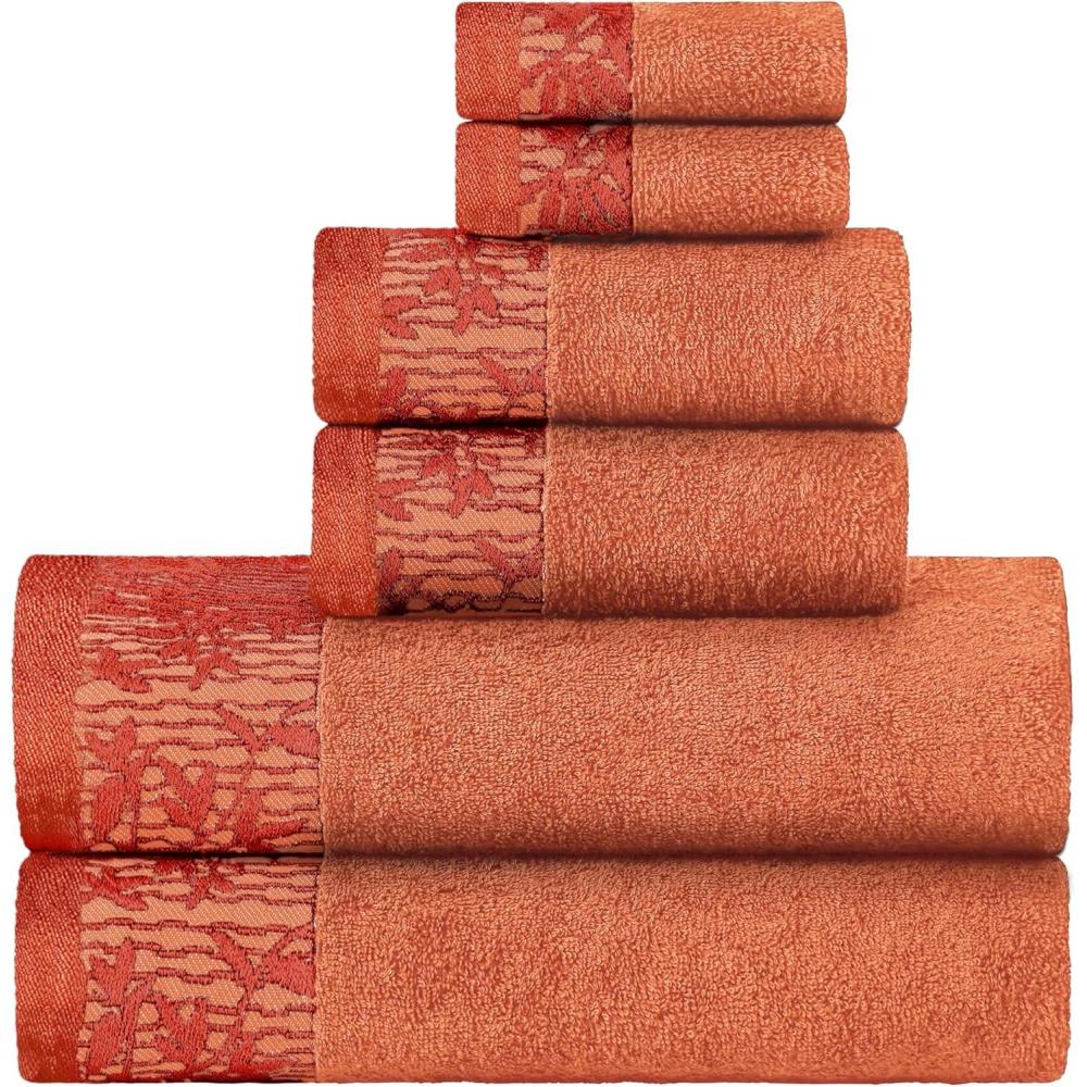 imageSuperior 6 Piece Cotton Towel Set Floral Jacquard Dobby Border Quick Dry Decorative Bathroom Shower Bath Includes 2 Body 2 Hand 2 Face TowelsWashcloths Wisteria Collection Garnet RedMandarin Orange