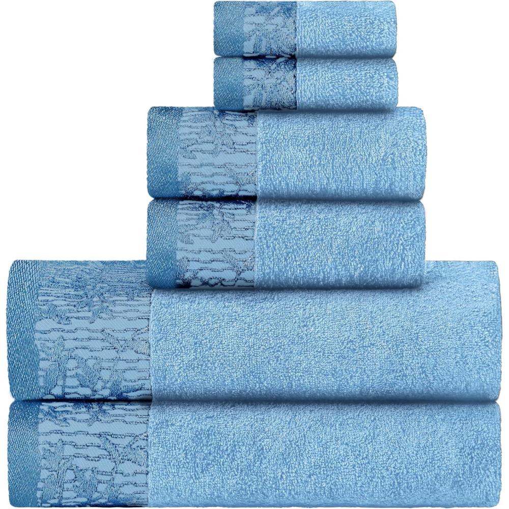 imageSuperior 6 Piece Cotton Towel Set Floral Jacquard Dobby Border Quick Dry Decorative Bathroom Shower Bath Includes 2 Body 2 Hand 2 Face TowelsWashcloths Wisteria Collection Garnet RedWaterfall Blue