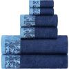 Superior 6 Piece Cotton Towel Set, Floral Jacquard Dobby Border, Quick Dry, Decorative Bathroom, Shower, Bath, Includes 2 Body, 2 Hand, 2 Face Towels/Washcloths, Wisteria Collection, Garnet Red(Navy Blue)