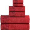 Superior 6 Piece Cotton Towel Set, Floral Jacquard Dobby Border, Quick Dry, Decorative Bathroom, Shower, Bath, Includes 2 Body, 2 Hand, 2 Face Towels/Washcloths, Wisteria Collection, Garnet Red(Garnet Red)