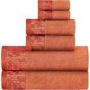 Superior 6 Piece Cotton Towel Set, Floral Jacquard Dobby Border, Quick Dry, Decorative Bathroom, Shower, Bath, Includes 2 Body, 2 Hand, 2 Face Towels/Washcloths, Wisteria Collection, Garnet Red(Mandarin Orange)