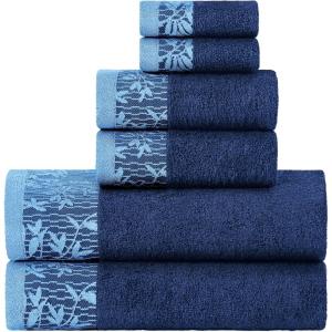 Superior 6 Piece Cotton Towel Set, Floral Jacquard Dobby Border, Quick Dry, Decorative Bathroom, Shower, Bath, Includes 2 Body, 2 Hand, 2 Face Towels/Washcloths, Wisteria Collection, Garnet Red(Navy Blue)