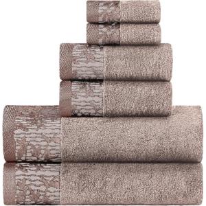 Superior 6 Piece Cotton Towel Set, Floral Jacquard Dobby Border, Quick Dry, Decorative Bathroom, Shower, Bath, Includes 2 Body, 2 Hand, 2 Face Towels/Washcloths, Wisteria Collection, Garnet Red(Frappe Brown)