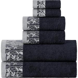 Superior 6 Piece Cotton Towel Set, Floral Jacquard Dobby Border, Quick Dry, Decorative Bathroom, Shower, Bath, Includes 2 Body, 2 Hand, 2 Face Towels/Washcloths, Wisteria Collection, Garnet Red(Black)