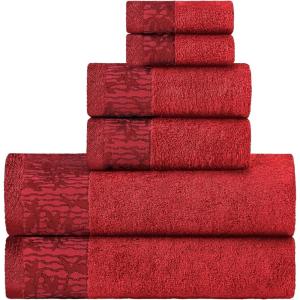 Superior 6 Piece Cotton Towel Set, Floral Jacquard Dobby Border, Quick Dry, Decorative Bathroom, Shower, Bath, Includes 2 Body, 2 Hand, 2 Face Towels/Washcloths, Wisteria Collection, Garnet Red(Garnet Red)