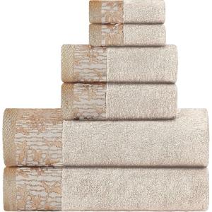 Superior 6 Piece Cotton Towel Set, Floral Jacquard Dobby Border, Quick Dry, Decorative Bathroom, Shower, Bath, Includes 2 Body, 2 Hand, 2 Face Towels/Washcloths, Wisteria Collection, Garnet Red(Ivory)