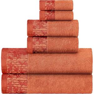 Superior 6 Piece Cotton Towel Set, Floral Jacquard Dobby Border, Quick Dry, Decorative Bathroom, Shower, Bath, Includes 2 Body, 2 Hand, 2 Face Towels/Washcloths, Wisteria Collection, Garnet Red(Mandarin Orange)