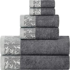 Superior 6 Piece Cotton Towel Set, Floral Jacquard Dobby Border, Quick Dry, Decorative Bathroom, Shower, Bath, Includes 2 Body, 2 Hand, 2 Face Towels/Washcloths, Wisteria Collection, Garnet Red(Grey)