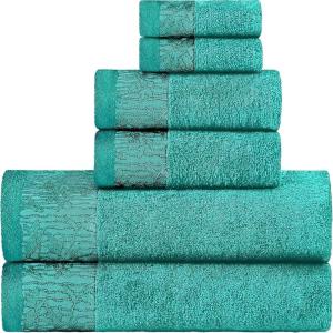 Superior 6 Piece Cotton Towel Set, Floral Jacquard Dobby Border, Quick Dry, Decorative Bathroom, Shower, Bath, Includes 2 Body, 2 Hand, 2 Face Towels/Washcloths, Wisteria Collection, Garnet Red(Turquoise)