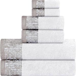 Superior 6 Piece Cotton Towel Set, Floral Jacquard Dobby Border, Quick Dry, Decorative Bathroom, Shower, Bath, Includes 2 Body, 2 Hand, 2 Face Towels/Washcloths, Wisteria Collection, Garnet Red(White)