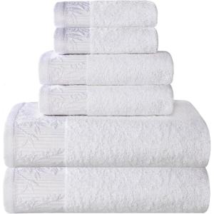 Superior 6 Piece Cotton Towel Set, Floral Jacquard Dobby Border, Quick Dry, Decorative Bathroom, Shower, Bath, Includes 2 Body, 2 Hand, 2 Face Towels/Washcloths, Wisteria Collection, Garnet Red(White-white)