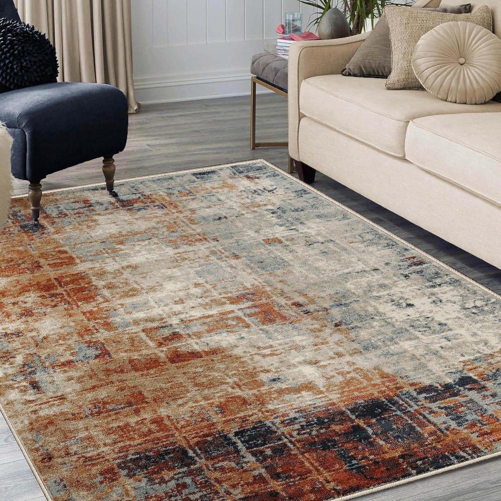 imageSuperior Indoor Area Rug Jute Backing Soft Modern Rugs for Dining Family Kitchen Floors Office Floor Cover Plush Striped Rugs Radko Collection 5 x 8 BlueCreamGrey Multi