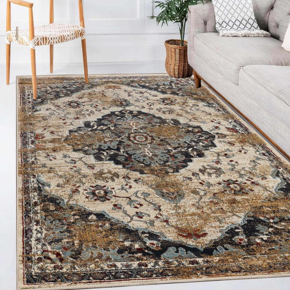 imageSuperior Indoor Area Rug Jute Backing Soft Modern Rugs for Dining Family Kitchen Floors Office Floor Cover Plush Striped Rugs Radko Collection 5 x 8 BlueCreamBeige Brown