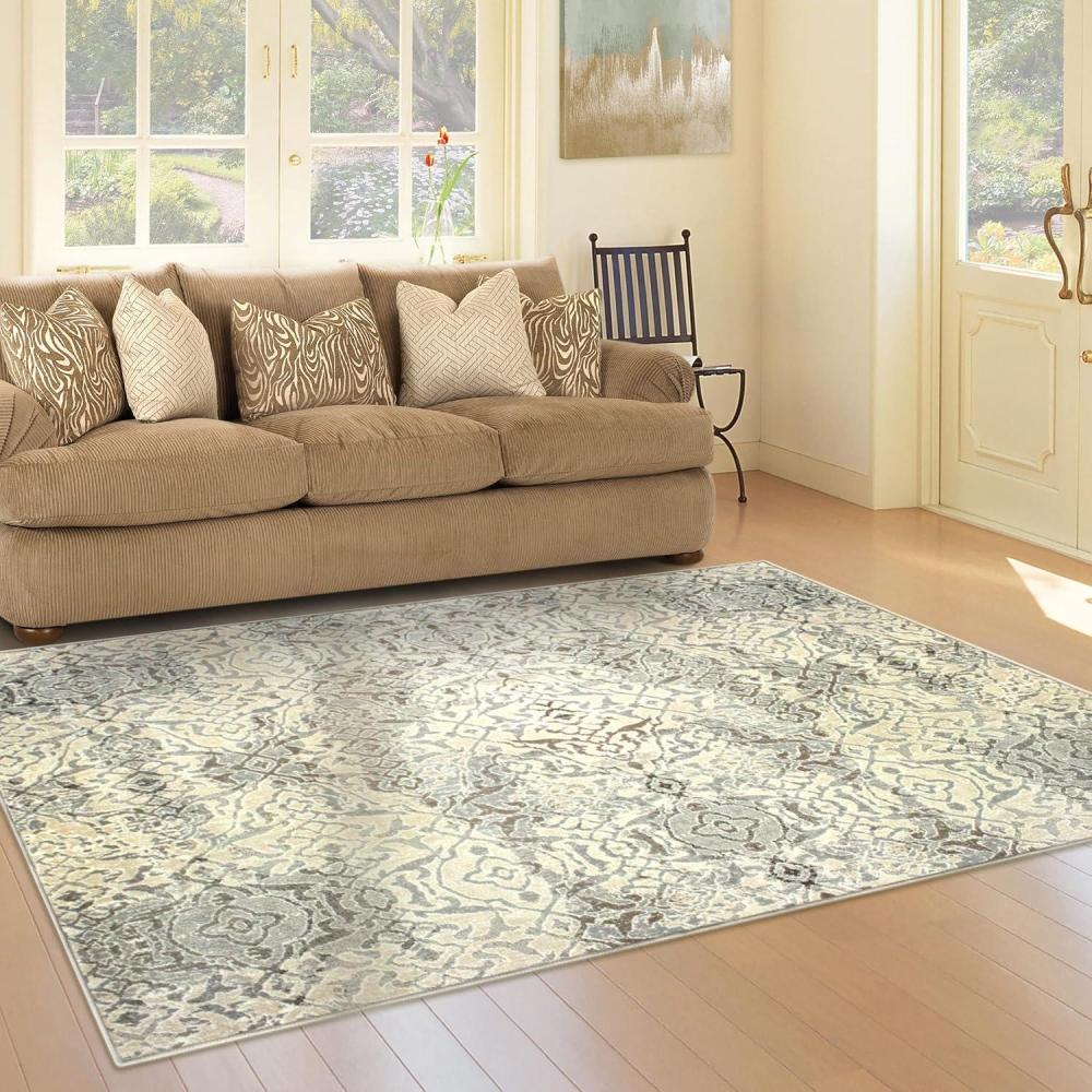 imageSuperior Indoor Area Rug Jute Backing Floral Damask Rugs for Entryway Living Room Kitchen Floors Bedroom Office Floor Cover Modern Abstract Medallion Rug Corbin Collection 4 x 6 Beige