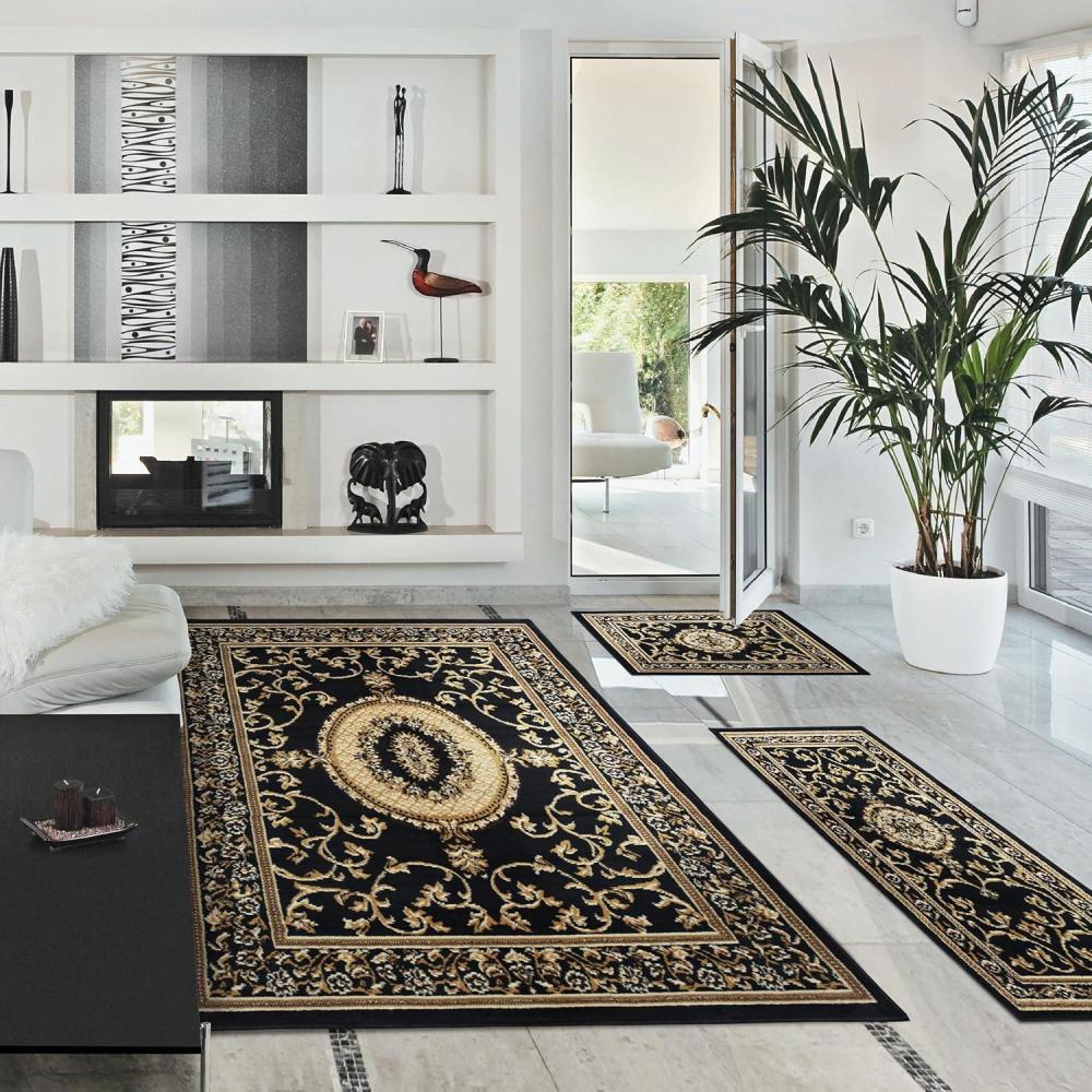 imageSuperior Indoor Area Rug Set for Living Room Entryway Basement Bedroom Kitchen Office Floor Cover Jute Backing Formal Floral Clementina 3 Piece Rug Set 2 x 3 2 x 5 5 x 7 Black