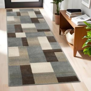 Superior Mack Modern Geometric Tile Indoor Area Rug for Living Room, Bedroom, Office, Kitchen, Dining, Washable Rugs, Jute Backing, Clifton Multi Collection (Grey Brown, 2′ 7″ x 8′)(Grey)
