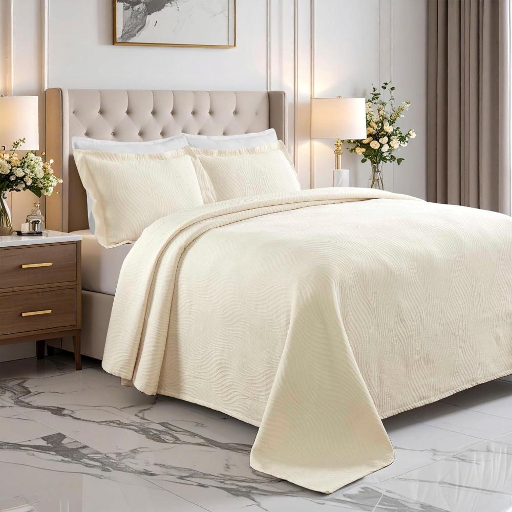 imageSuperior 100 Cotton Basket Weave Bedspread with Shams AllSeason Premium Cotton Matelasse Jacquard Bedding QuiltedLook Geometric Basket  Queen Denim BlueIvory